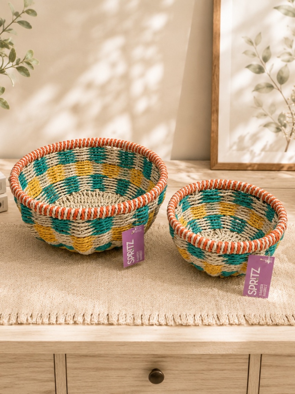 *New* Spritz Set of 2 Easter Baskets/Decorative Bowls - Cream/Yellow/Teal/Coral